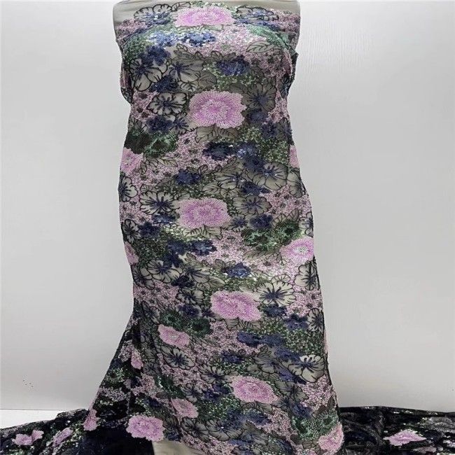 5 Yards Multi-Color Sequins Pearls Beaded Embroidered 3D Floral Lace Material Fabric For Dresses ZT045