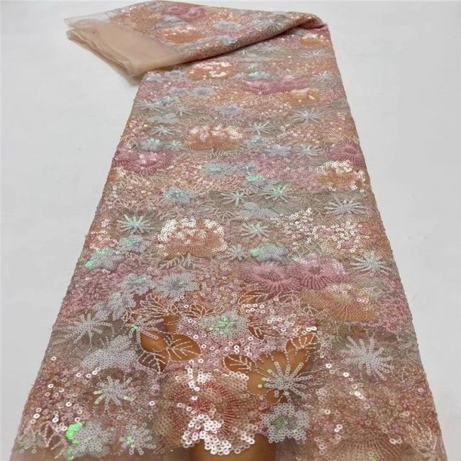5 Yards Multi-Color Sequins Pearls Beaded Embroidered 3D Floral Lace Material Fabric For Dresses ZT045