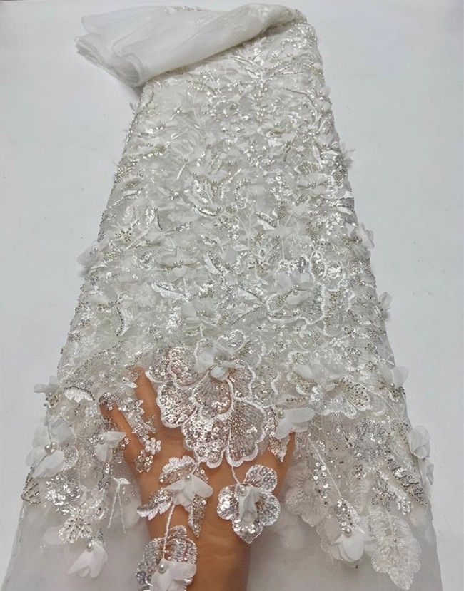 5 Yards Multi-Color Sequins Pearls Beaded Embroidered 3D Floral Lace Material Fabric For Dresses ZT047
