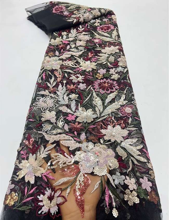 5 Yards Multi-Color Sequins Pearls Beaded Embroidered 3D Floral Lace Material Fabric For Dresses ZT050