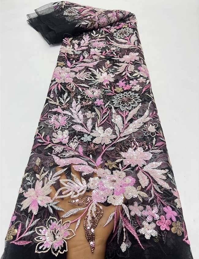 5 Yards Multi-Color Sequins Pearls Beaded Embroidered 3D Floral Lace Material Fabric For Dresses ZT050