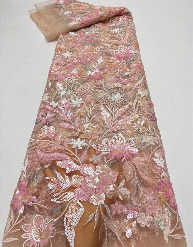 5 Yards Multi-Color Sequins Pearls Beaded Embroidered 3D Floral Lace Material Fabric For Dresses ZT050