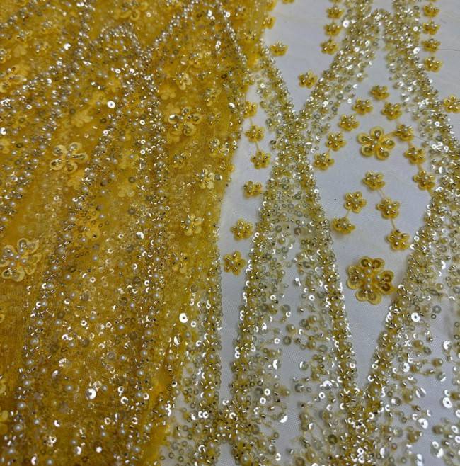 5 Yards Pearls Beaded 3D Floral Lace Material Fabric For Dresses