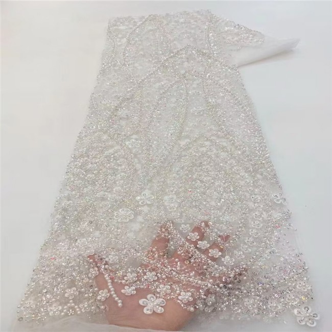 5 Yards Pearls Beaded 3D Floral Lace Material Fabric For Dresses
