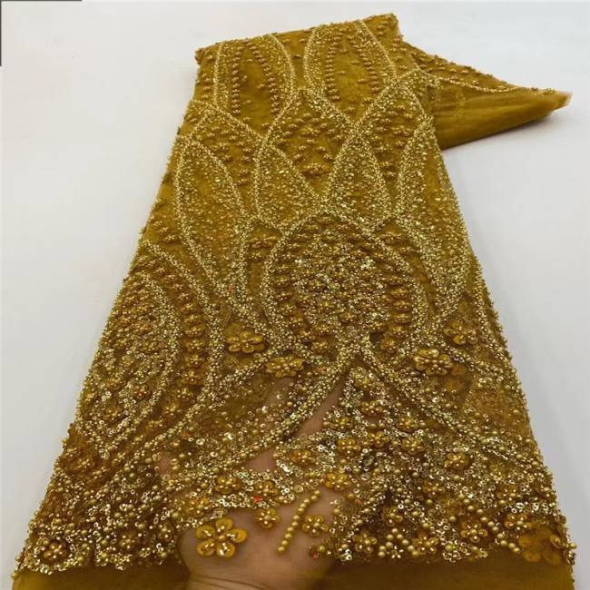 5 Yards Pearls Beaded 3D Floral Lace Material Fabric For Dresses