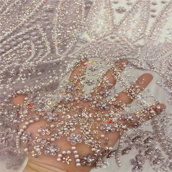 5 Yards Pearls Beaded 3D Floral Lace Material Fabric For Dresses
