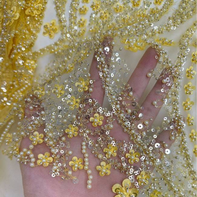 5 Yards Pearls Beaded 3D Floral Lace Material Fabric For Dresses