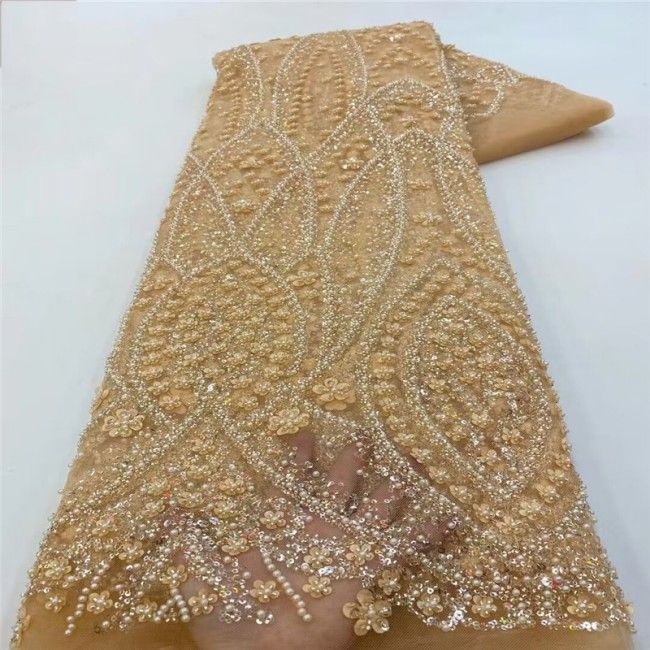 5 Yards Pearls Beaded 3D Floral Lace Material Fabric For Dresses