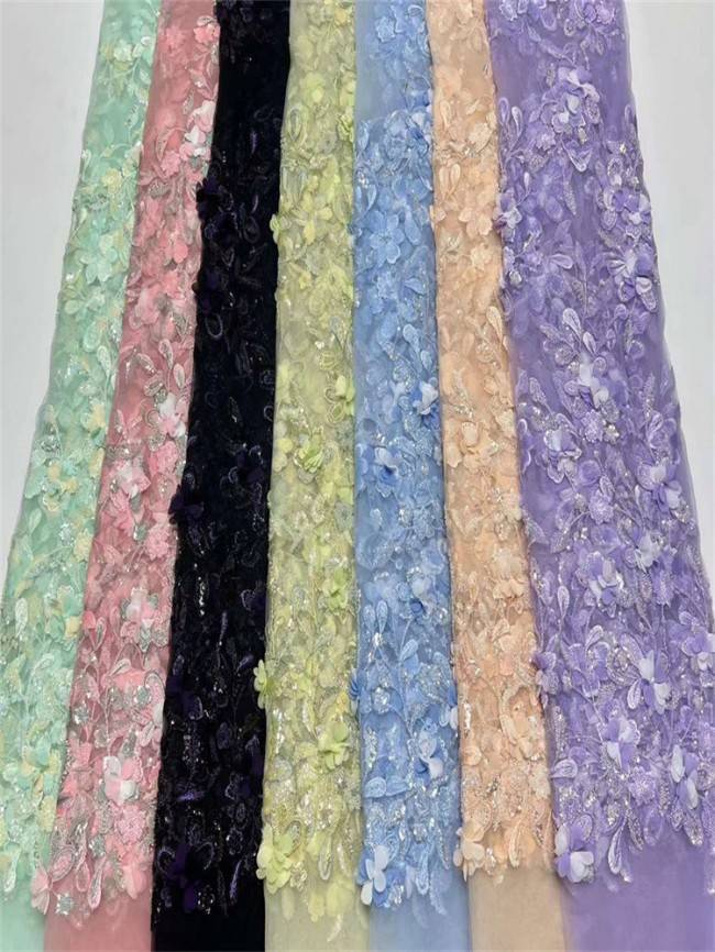 5 Yards Colorful Sequins Pearls Beaded Embroidered 3D Floral Lace Material Fabric For Dresses JC001