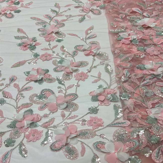 5 Yards Colorful Sequins Pearls Beaded Embroidered 3D Floral Lace Material Fabric For Dresses JC001