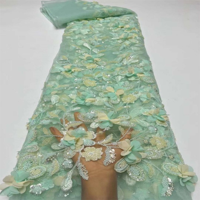 5 Yards Colorful Sequins Pearls Beaded Embroidered 3D Floral Lace Material Fabric For Dresses JC001