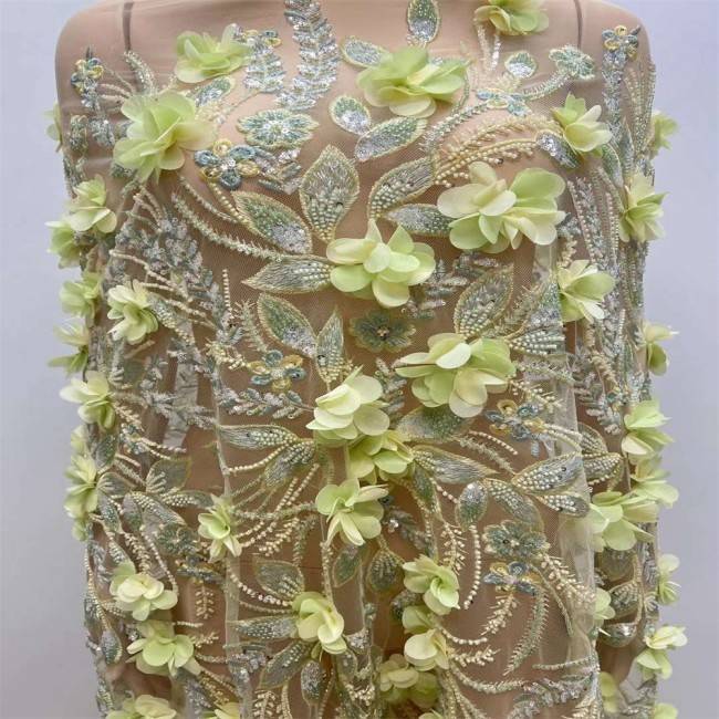 5 Yards Colorful Sequins Pearls Beaded Embroidered 3D Floral Lace Material Fabric For Dresses JC001