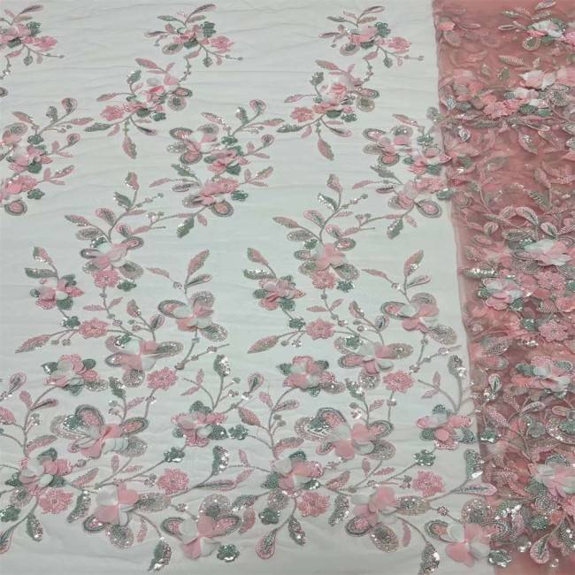 5 Yards Colorful Sequins Pearls Beaded Embroidered 3D Floral Lace Material Fabric For Dresses JC001