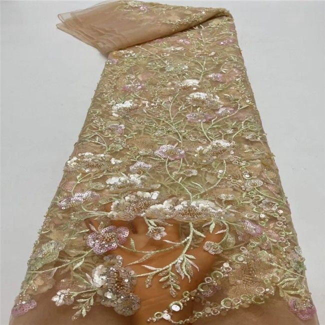 5 Yards Colorful Sequins Pearls Beaded Embroidered 3D Floral Lace Material Fabric For Dresses JC003