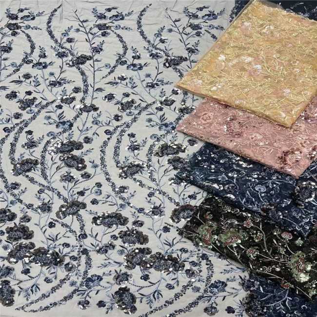 5 Yards Colorful Sequins Pearls Beaded Embroidered 3D Floral Lace Material Fabric For Dresses JC003