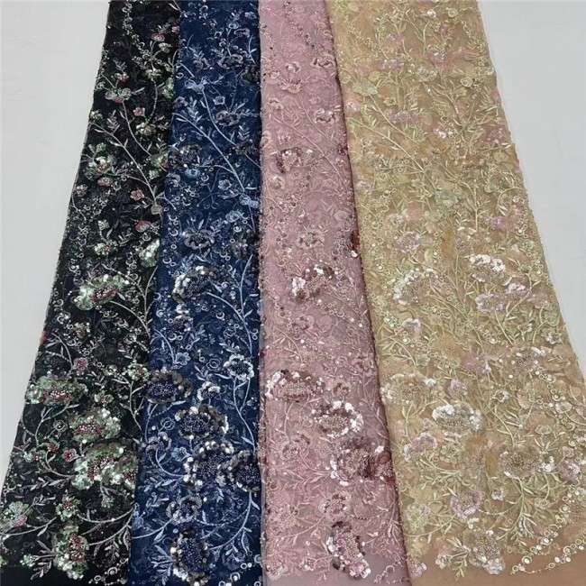 5 Yards Colorful Sequins Pearls Beaded Embroidered 3D Floral Lace Material Fabric For Dresses JC003
