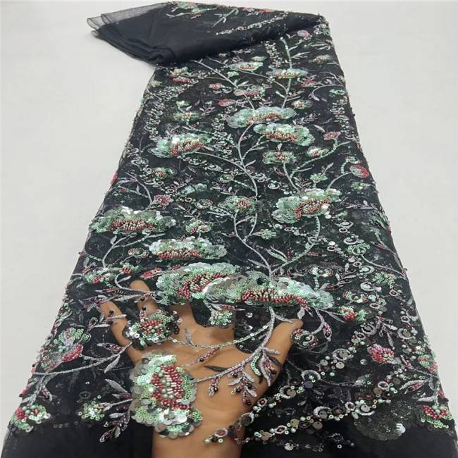 5 Yards Colorful Sequins Pearls Beaded Embroidered 3D Floral Lace Material Fabric For Dresses JC003