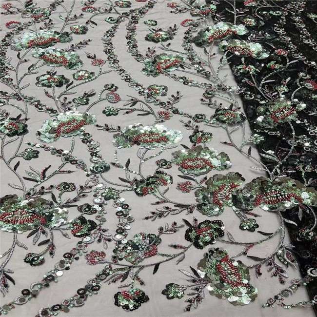 5 Yards Colorful Sequins Pearls Beaded Embroidered 3D Floral Lace Material Fabric For Dresses JC003