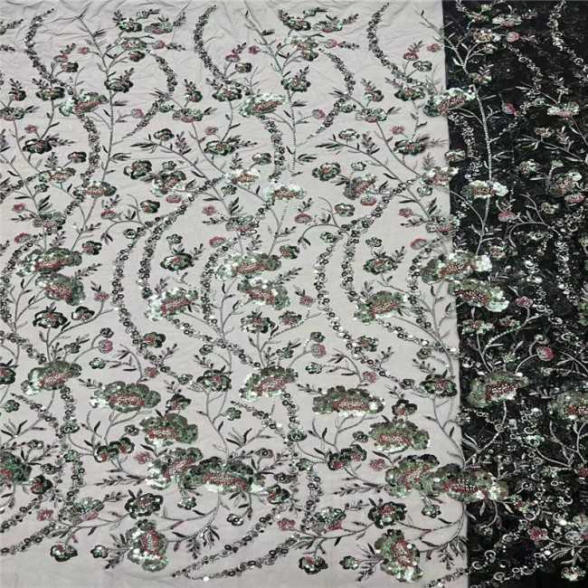 5 Yards Colorful Sequins Pearls Beaded Embroidered 3D Floral Lace Material Fabric For Dresses JC003