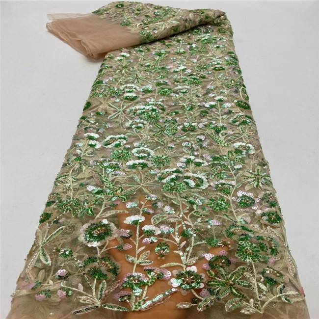 5 Yards Colorful Sequins Pearls Beaded Embroidered 3D Floral Lace Material Fabric For Dresses JC004