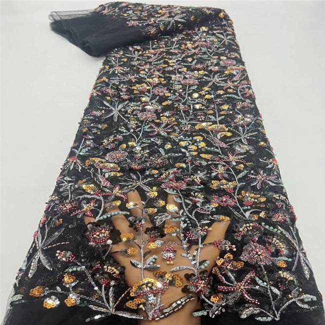 5 Yards Colorful Sequins Pearls Beaded Embroidered 3D Floral Lace Material Fabric For Dresses JC004