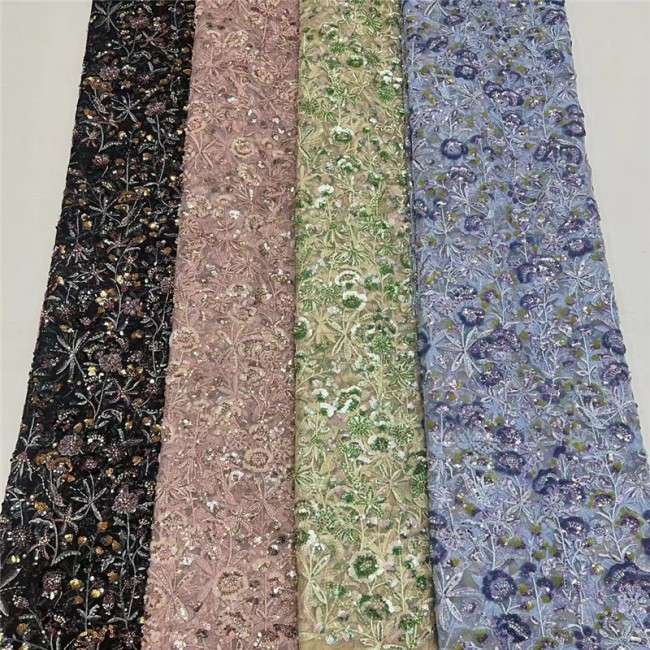 5 Yards Colorful Sequins Pearls Beaded Embroidered 3D Floral Lace Material Fabric For Dresses JC004
