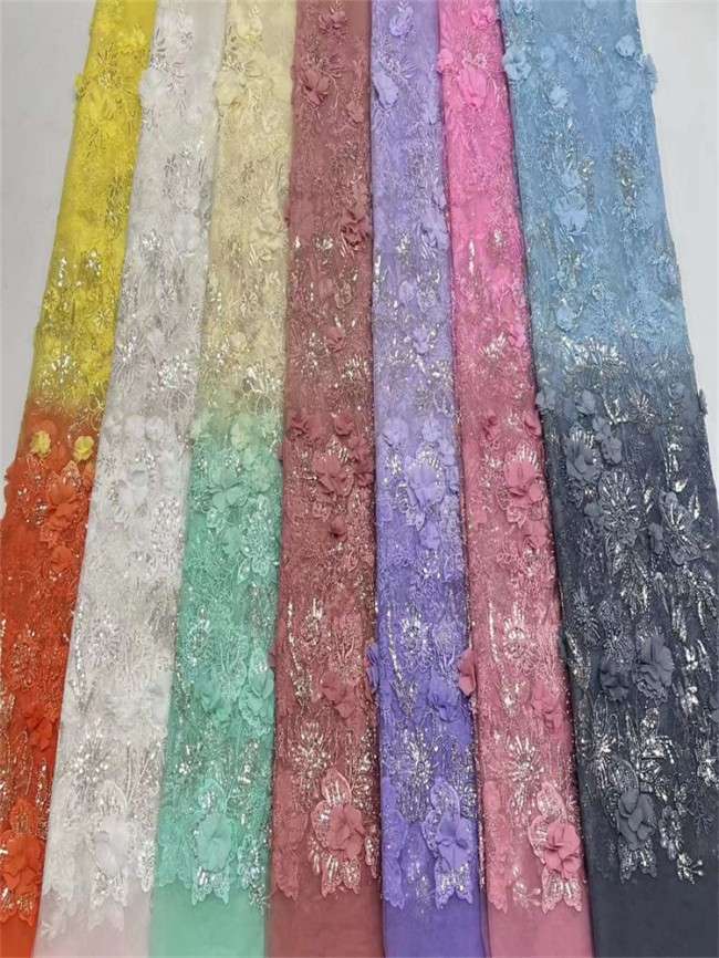 5 Yards Colorful Sequins Pearls Beaded Embroidered 3D Floral Lace Material Fabric For Dresses JC005