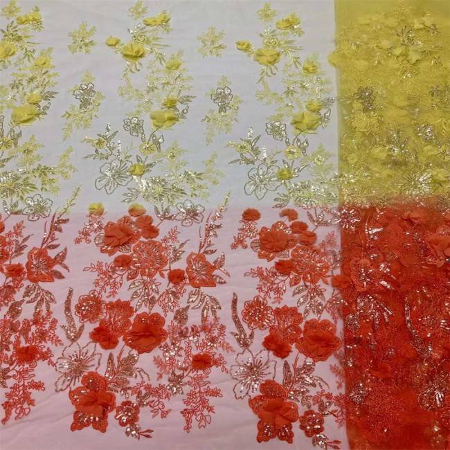 5 Yards Colorful Sequins Pearls Beaded Embroidered 3D Floral Lace Material Fabric For Dresses JC005