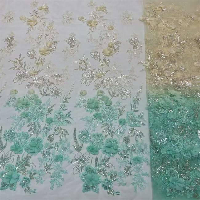5 Yards Colorful Sequins Pearls Beaded Embroidered 3D Floral Lace Material Fabric For Dresses JC005