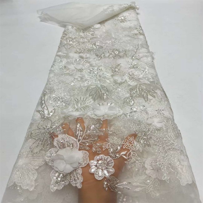 5 Yards Colorful Sequins Pearls Beaded Embroidered 3D Floral Lace Material Fabric For Dresses JC005