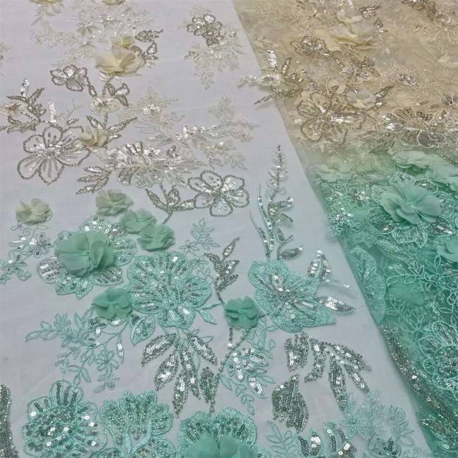 5 Yards Colorful Sequins Pearls Beaded Embroidered 3D Floral Lace Material Fabric For Dresses JC005