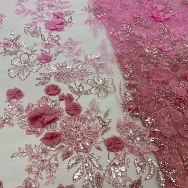 5 Yards Colorful Sequins Pearls Beaded Embroidered 3D Floral Lace Material Fabric For Dresses JC005
