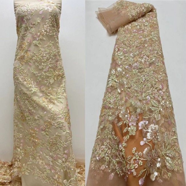 5 Yards Colorful Sequins Pearls Beaded Embroidered 3D Floral Lace Material Fabric For Dresses JC006