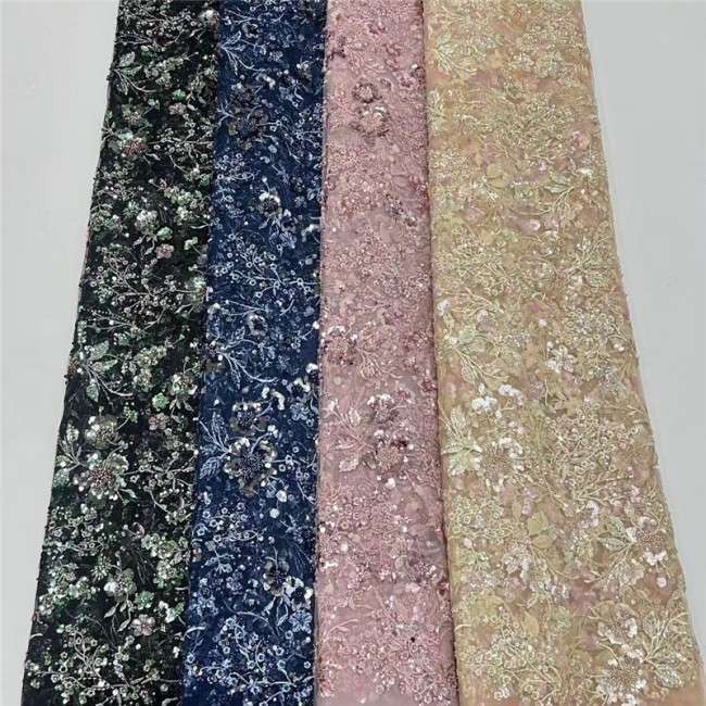 5 Yards Colorful Sequins Pearls Beaded Embroidered 3D Floral Lace Material Fabric For Dresses JC006