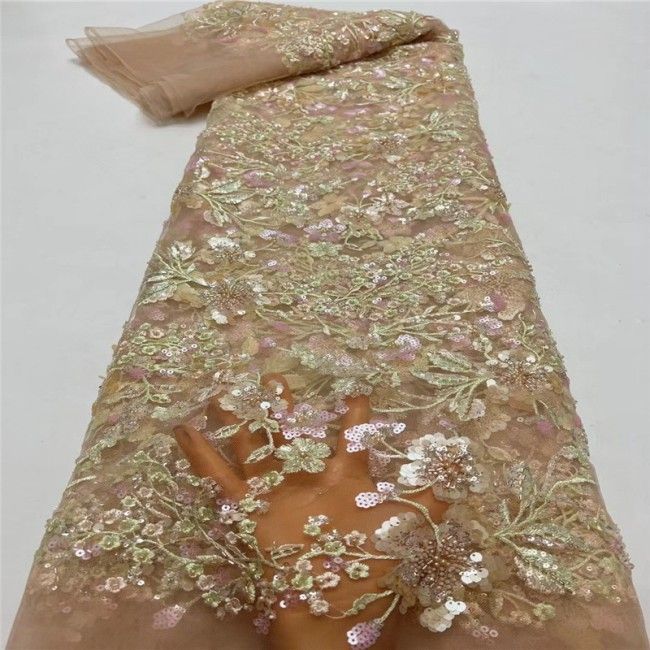 5 Yards Colorful Sequins Pearls Beaded Embroidered 3D Floral Lace Material Fabric For Dresses JC006