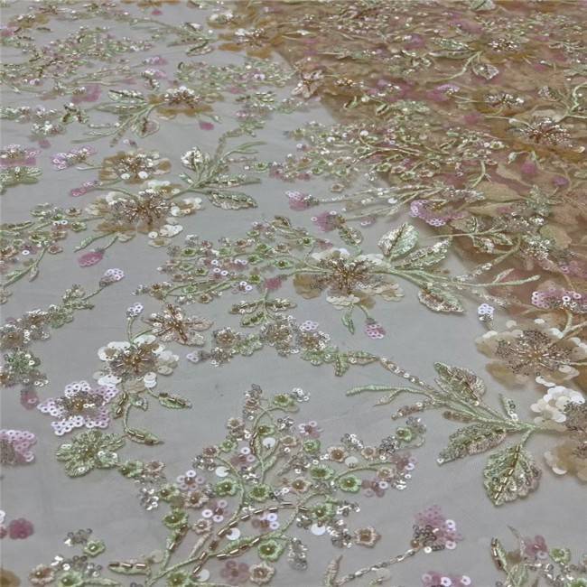 5 Yards Colorful Sequins Pearls Beaded Embroidered 3D Floral Lace Material Fabric For Dresses JC006