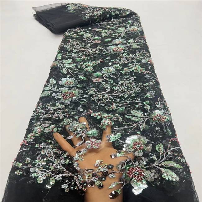 5 Yards Colorful Sequins Pearls Beaded Embroidered 3D Floral Lace Material Fabric For Dresses JC006