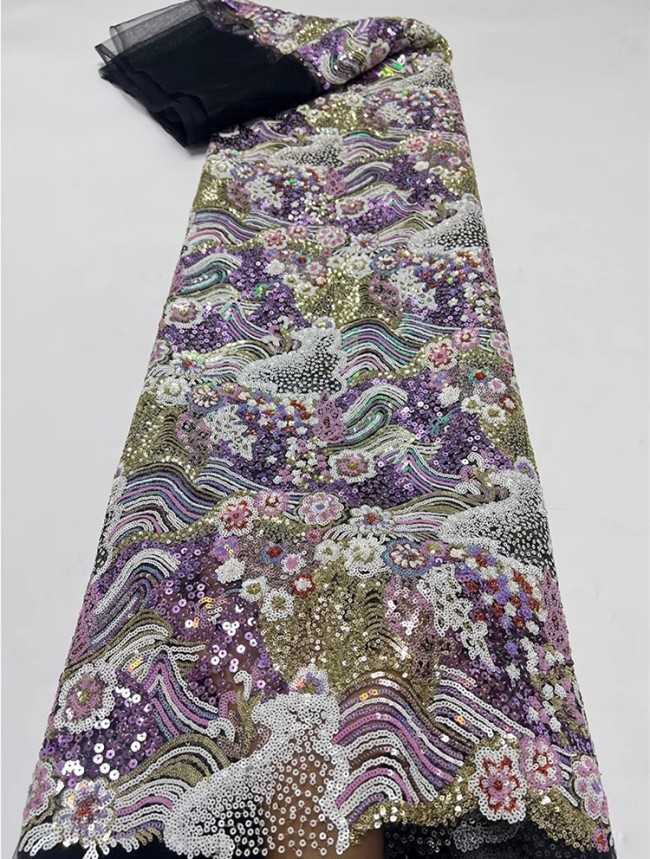 5 Yards Colorful Sequins Pearls Beaded Embroidered 3D Floral Lace Material Fabric For Dresses JC009