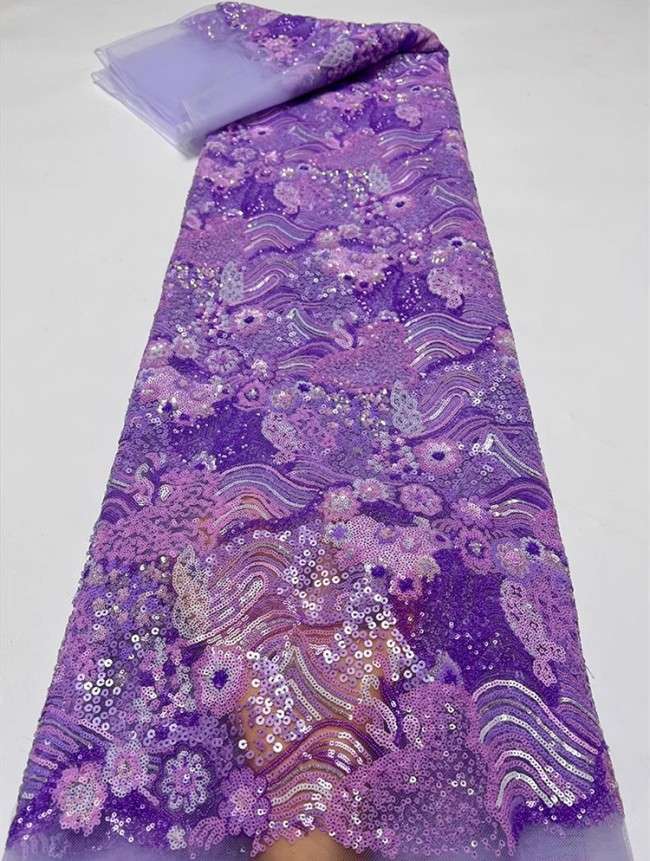 5 Yards Colorful Sequins Pearls Beaded Embroidered 3D Floral Lace Material Fabric For Dresses JC009