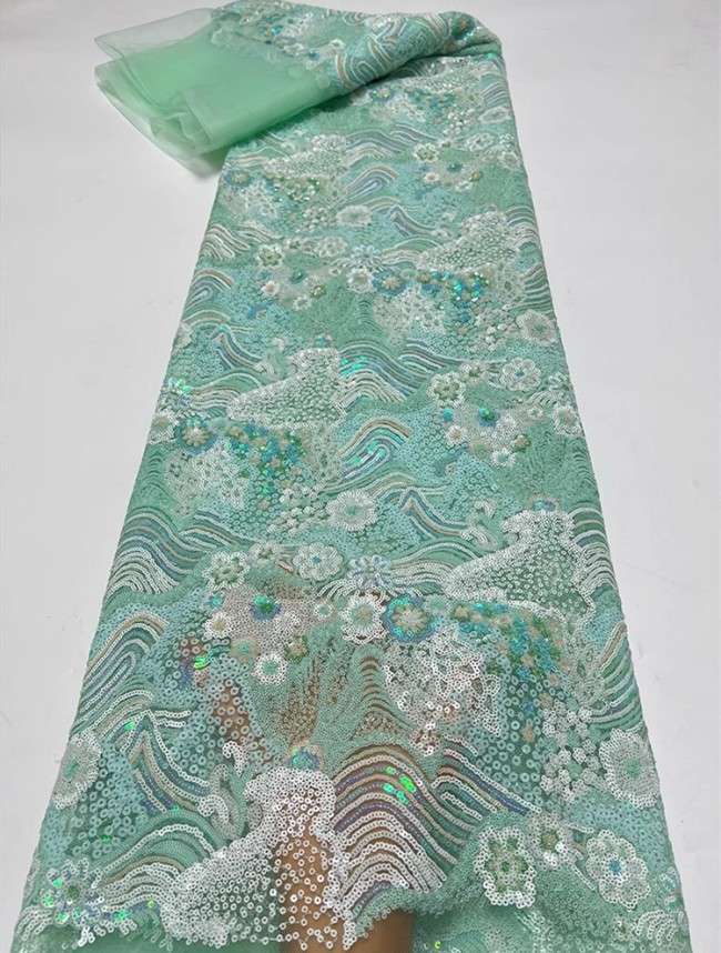 5 Yards Colorful Sequins Pearls Beaded Embroidered 3D Floral Lace Material Fabric For Dresses JC009