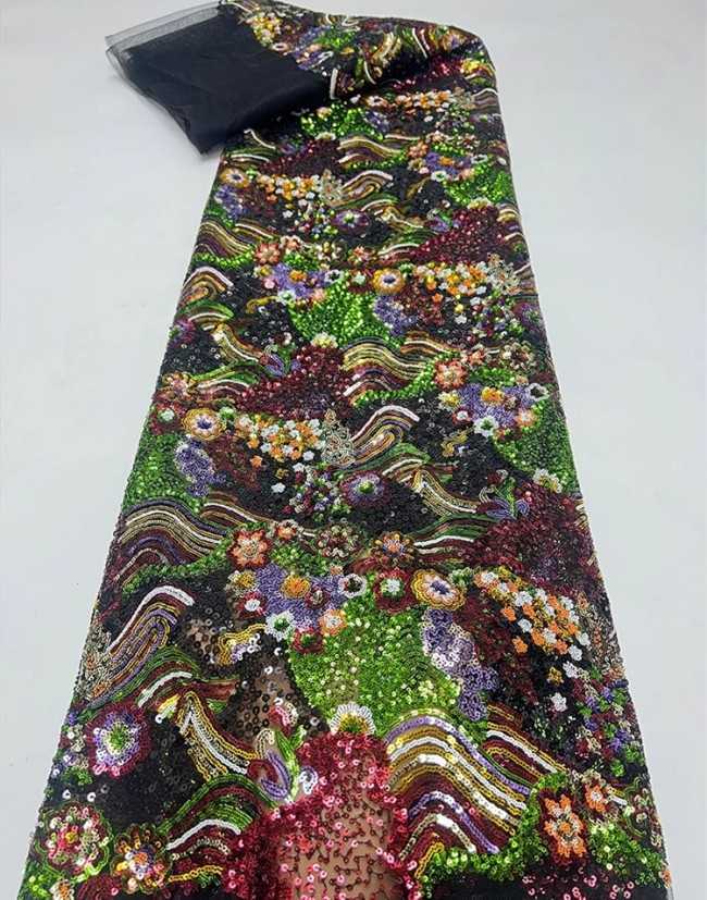 5 Yards Colorful Sequins Pearls Beaded Embroidered 3D Floral Lace Material Fabric For Dresses JC009