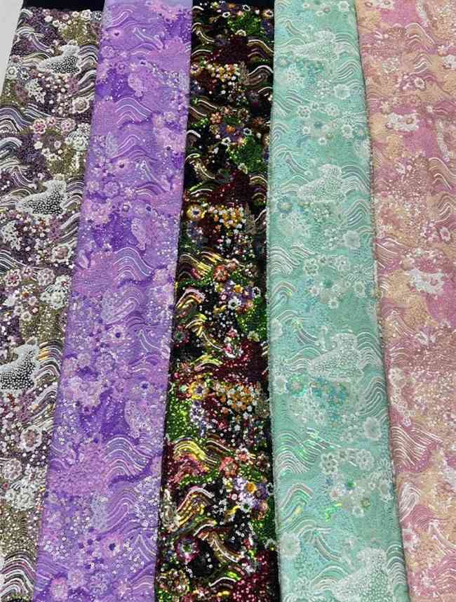 5 Yards Colorful Sequins Pearls Beaded Embroidered 3D Floral Lace Material Fabric For Dresses JC009