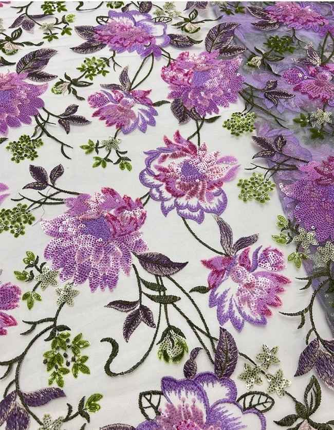 5 Yards Colorful Sequins Pearls Beaded Embroidered 3D Floral Lace Material Fabric For Dresses JC011