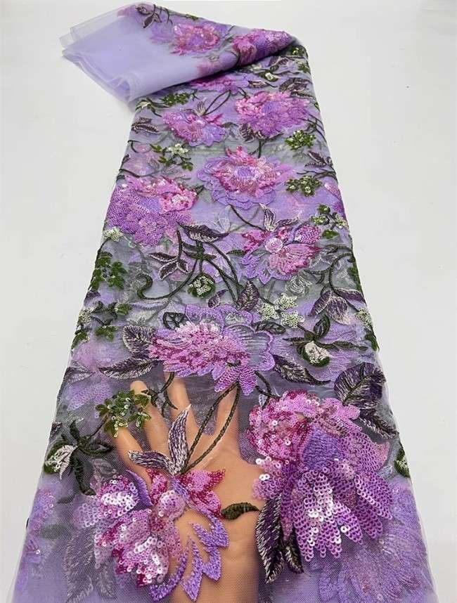 5 Yards Colorful Sequins Pearls Beaded Embroidered 3D Floral Lace Material Fabric For Dresses JC011