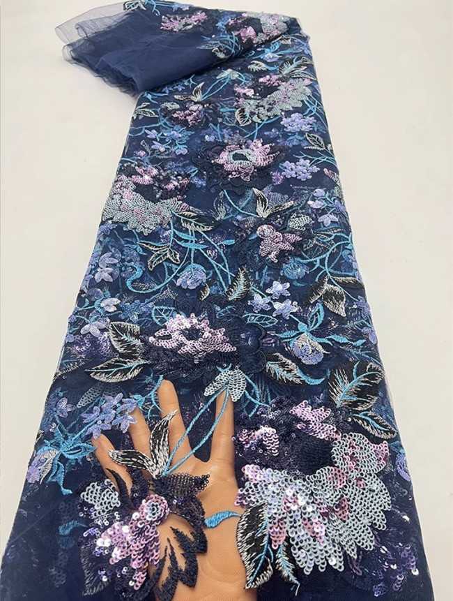5 Yards Colorful Sequins Pearls Beaded Embroidered 3D Floral Lace Material Fabric For Dresses JC011