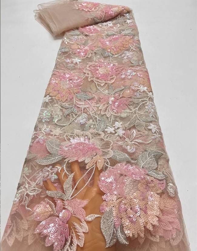 5 Yards Colorful Sequins Pearls Beaded Embroidered 3D Floral Lace Material Fabric For Dresses JC011