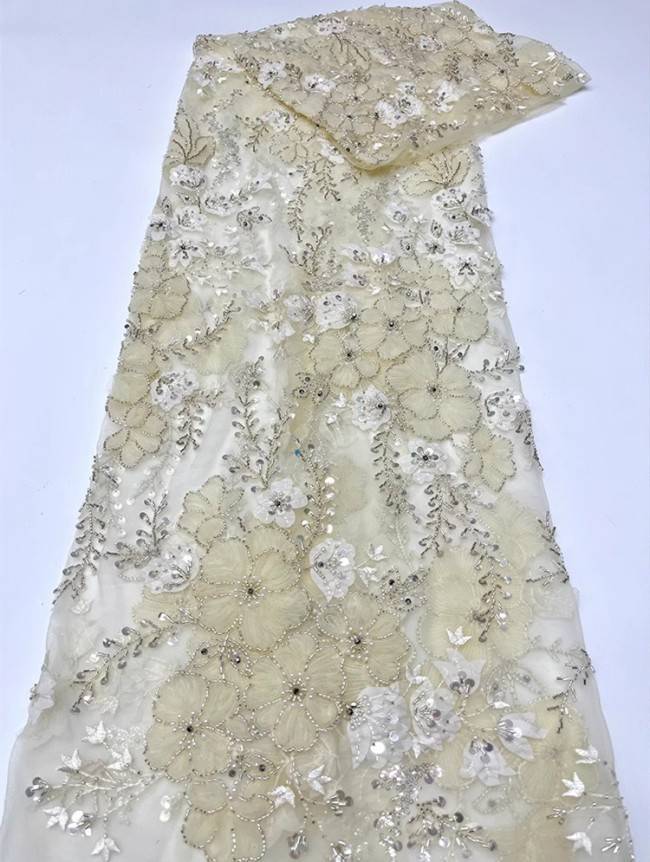 5 Yards Colorful Sequins Pearls Beaded Embroidered 3D Floral Lace Material Fabric For Dresses JC013