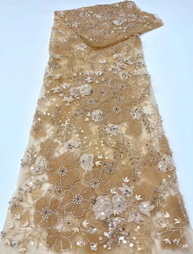 5 Yards Colorful Sequins Pearls Beaded Embroidered 3D Floral Lace Material Fabric For Dresses JC013