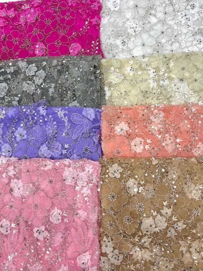 5 Yards Colorful Sequins Pearls Beaded Embroidered 3D Floral Lace Material Fabric For Dresses JC013