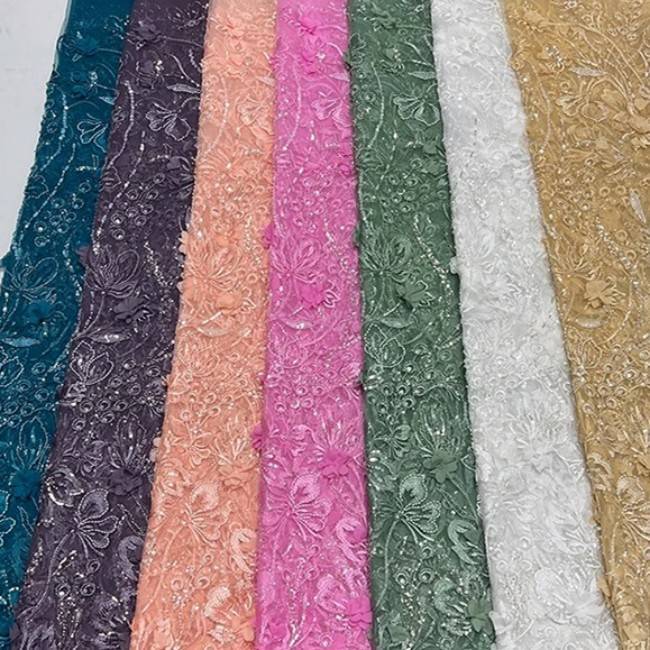 5 Yards Colorful Sequins Pearls Beaded Embroidered 3D Floral Lace Material Fabric For Dresses JC015